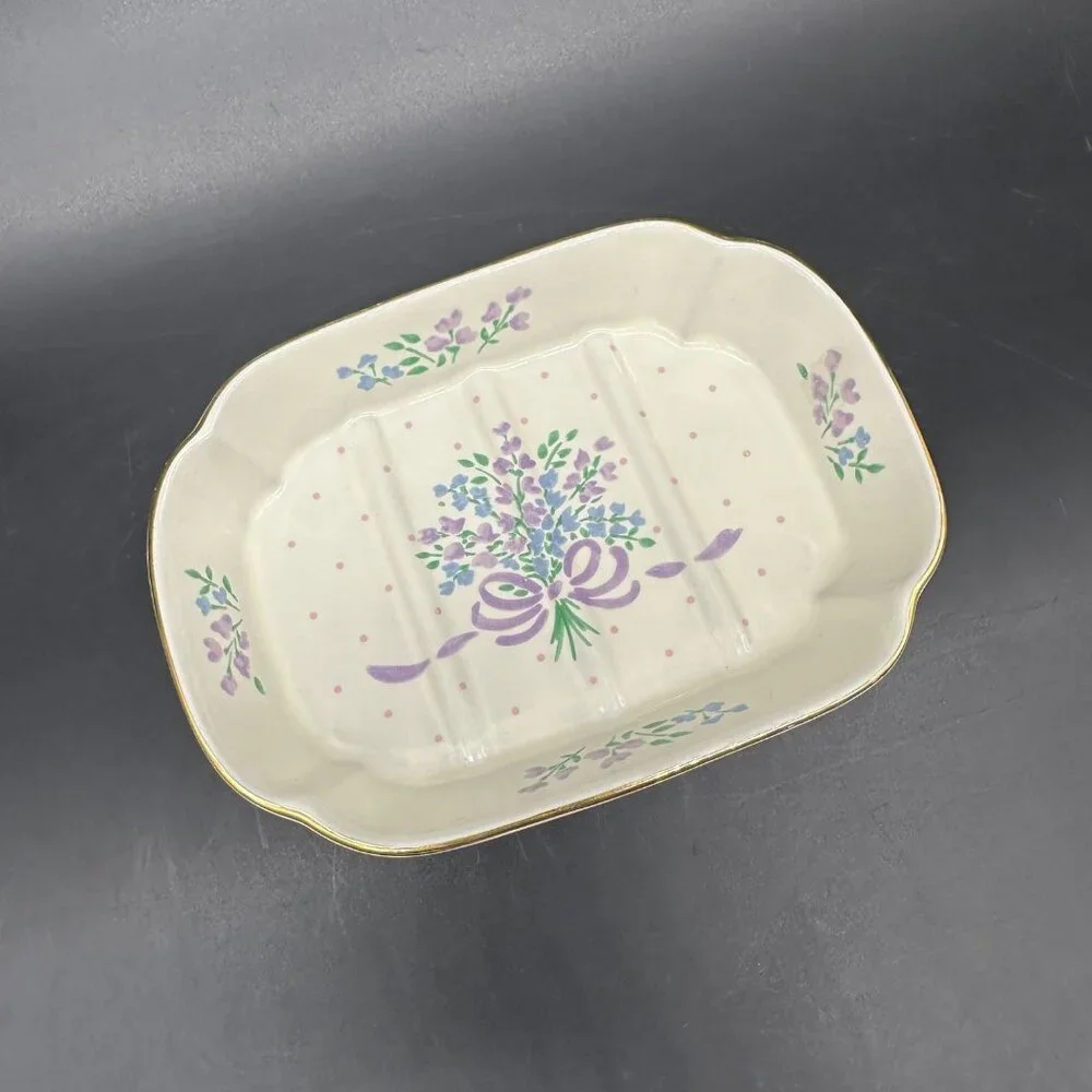 Vintage Floral Soap Dish Cottagecore 1980s Purple Blue Flowers Ceramic Romantic